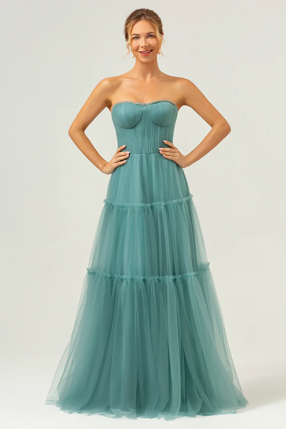 A Line Strapless Corset Tulle Long Eucalyptus Evening Dress